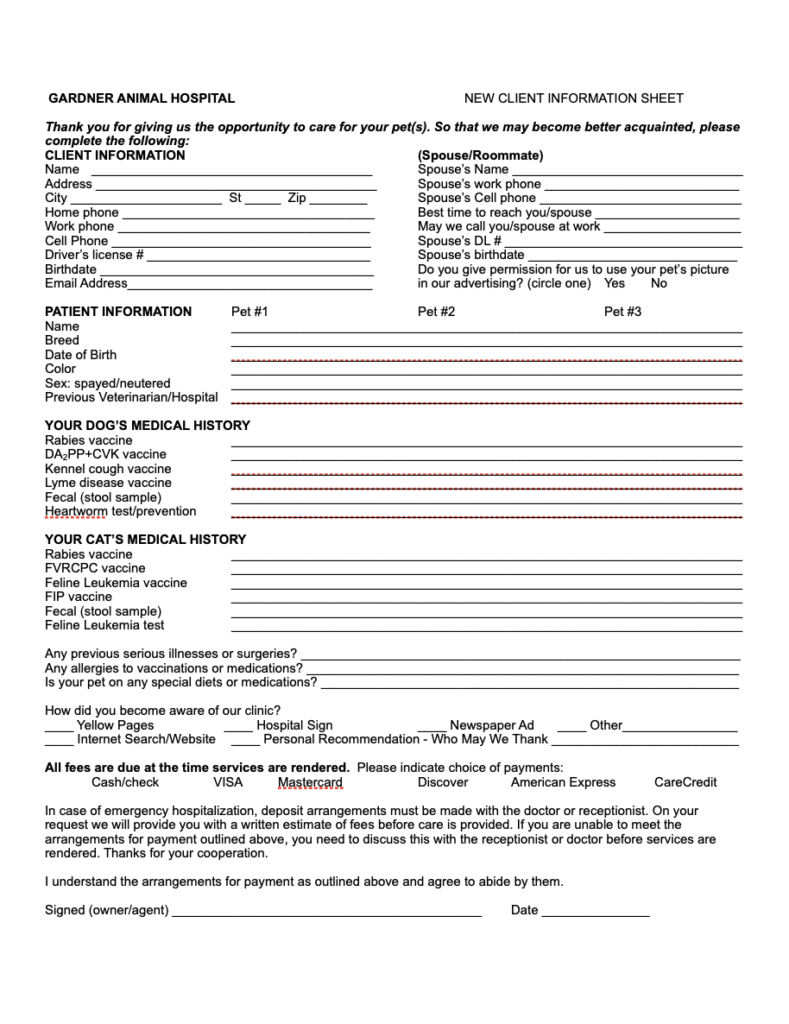 New Client and Boarding Forms Gardner Animal Hospital